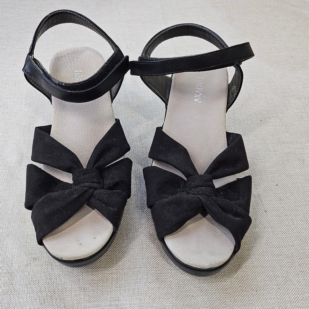 Akaishi Wedge Sandals Womens 8 Black Bow Ankle Strap Comfort Platform Shoes